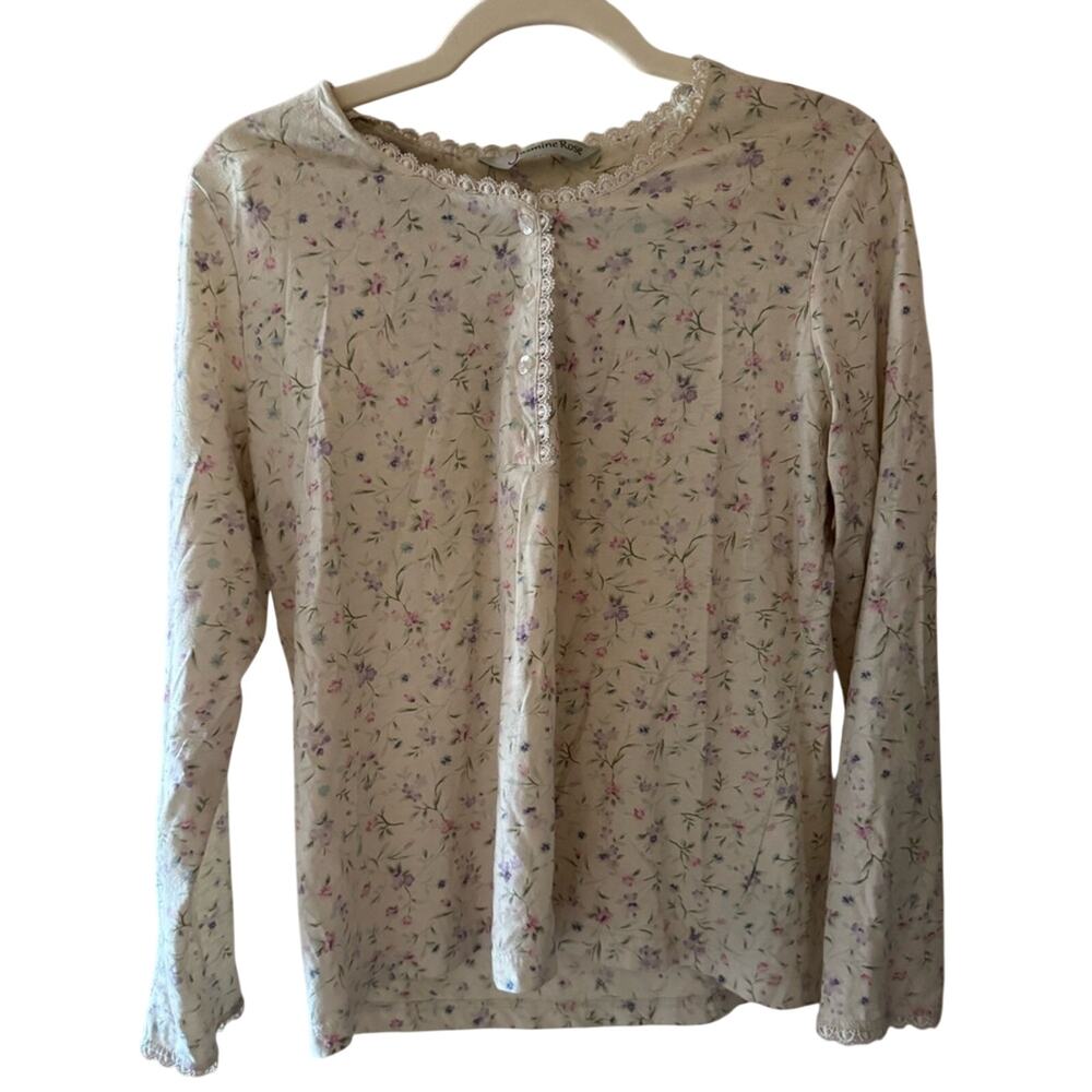Vintage Jasmine Rose Floral Lace Trim Quarter Button Top- M Cottagecore Bohemian